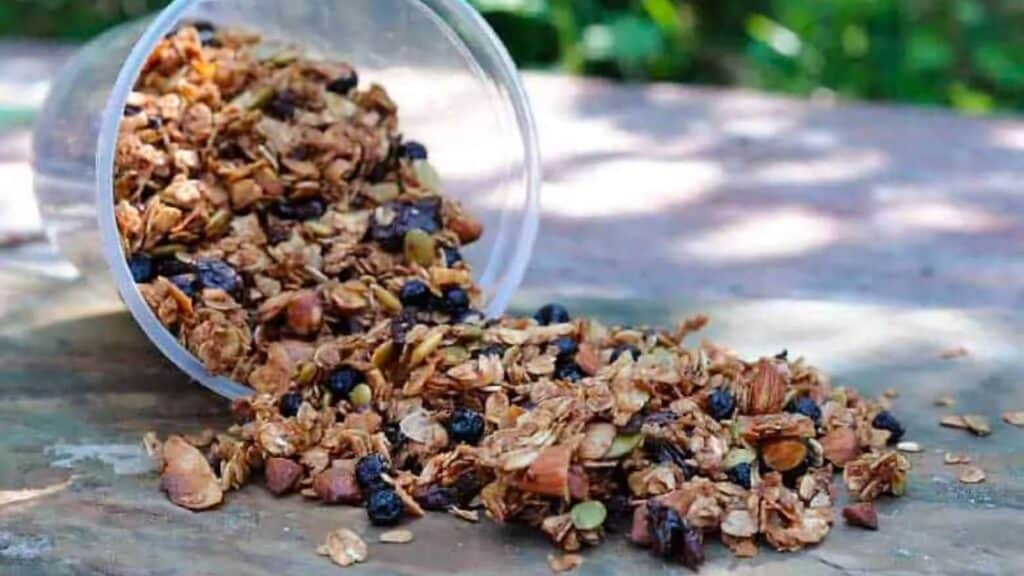 Homemade granola poured onto a picnic table.