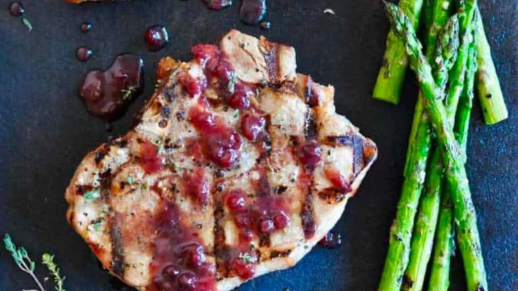 Porterhouse pork chops with lingonberry glaze.