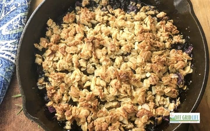 Blueberry crisp in a cast iron skillet.