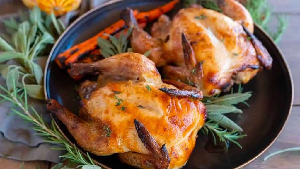 Two grilled cornish hens on a plate.