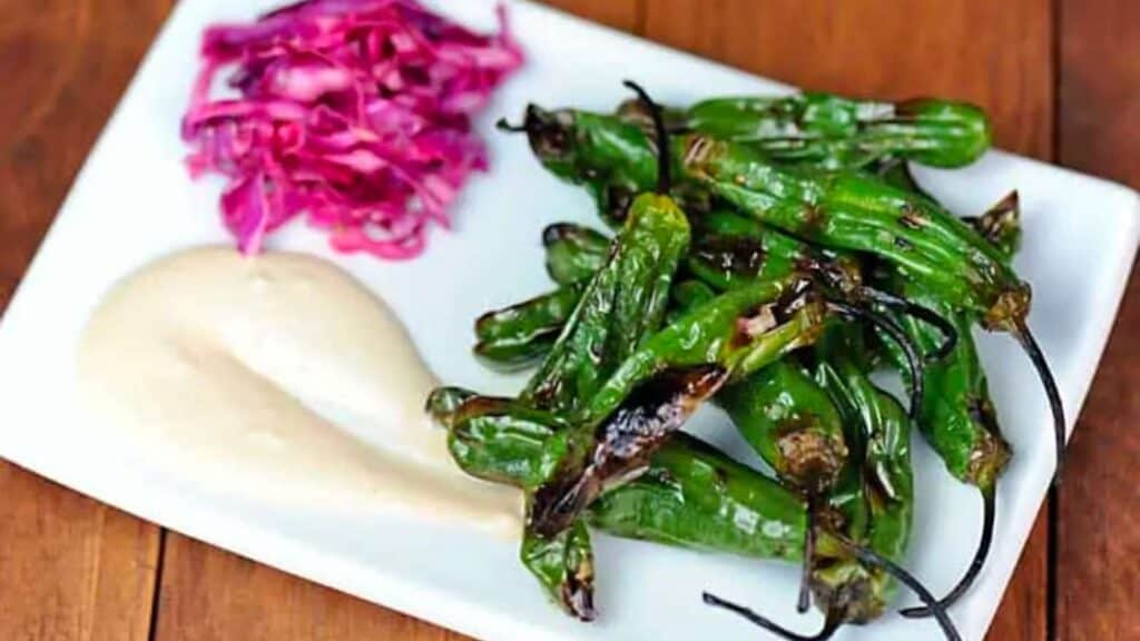 plate of grilled shishito peppers.