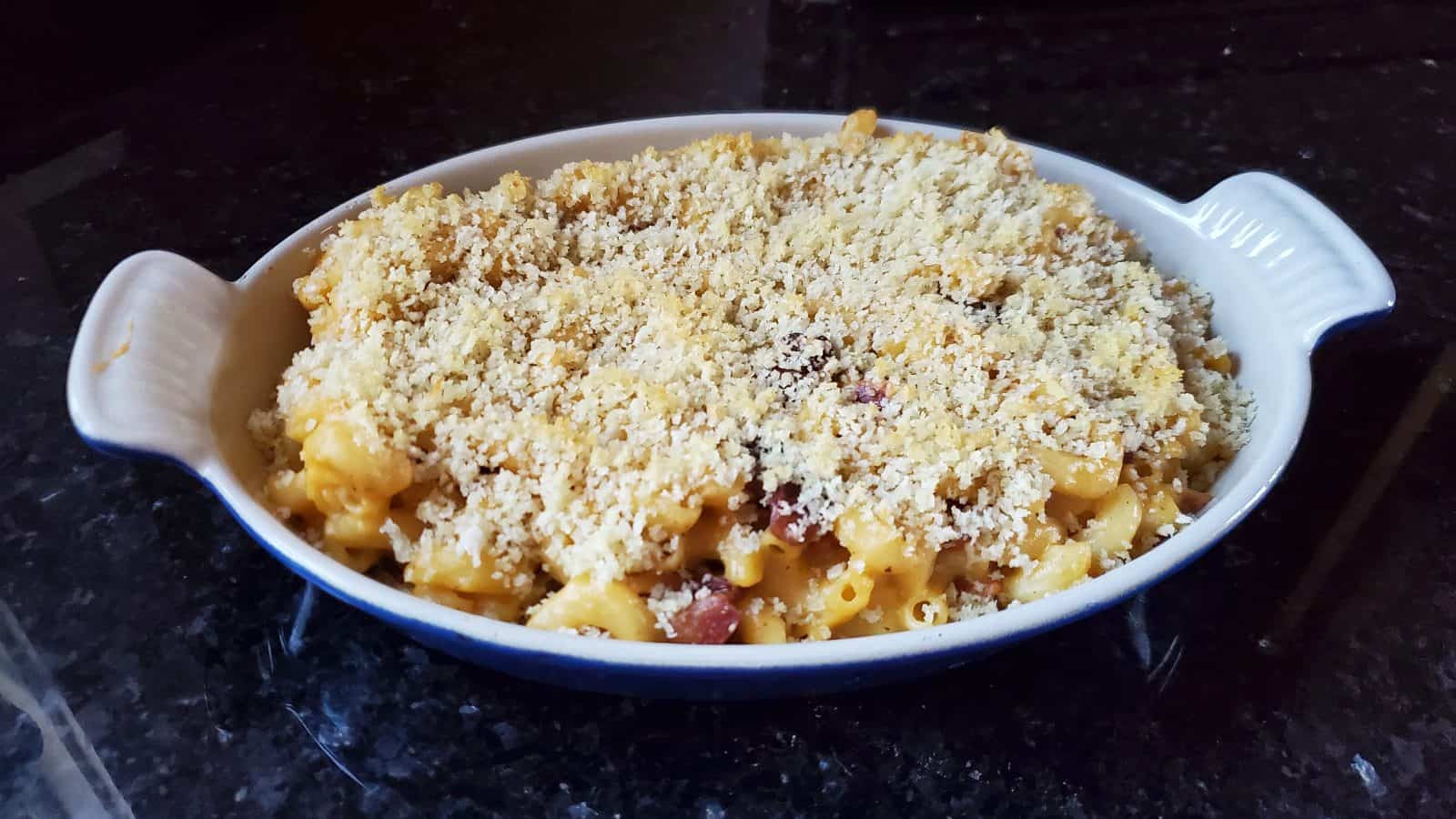Grown up mac and cheese in a casserole dish.