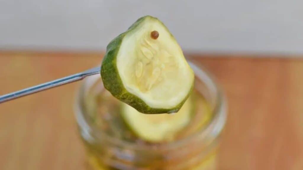 Image shows a thin fork holding a Homemade bread and butter pickle slice with the jar behind it.