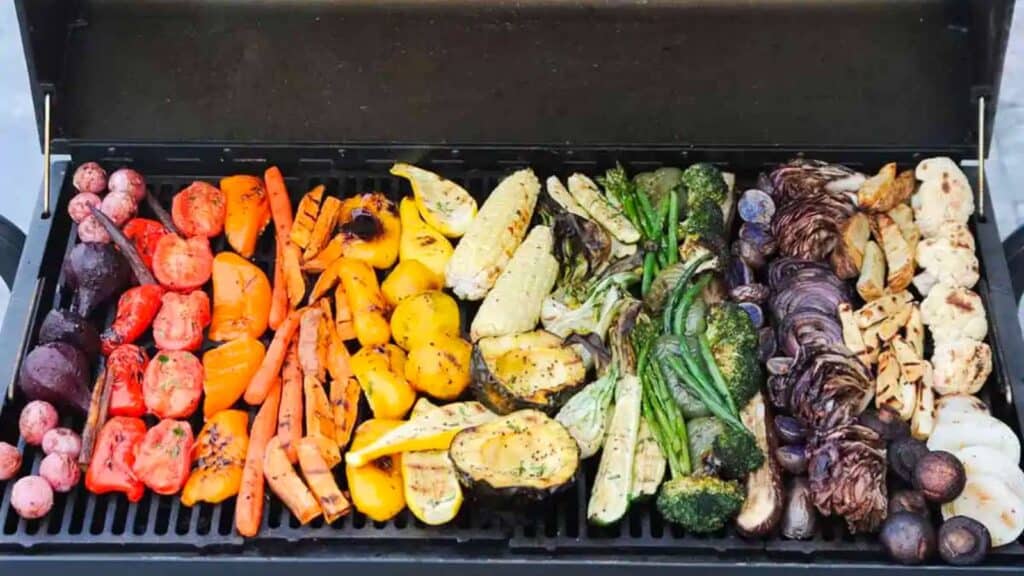 Grill full of 20 colorful grilled vegetables.