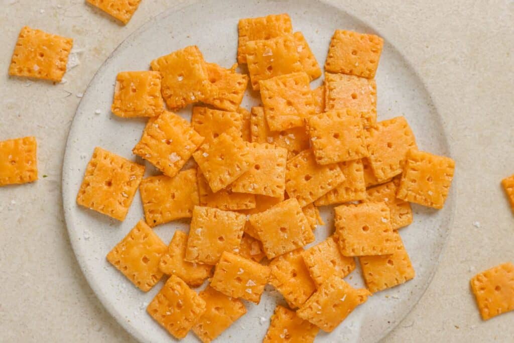 Gluten-free cheez-its on a plate.