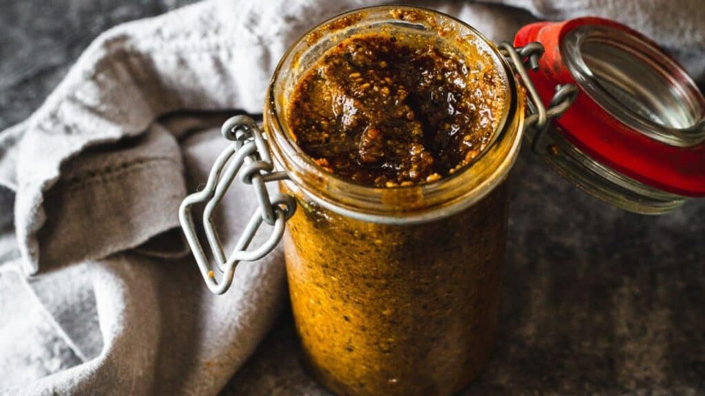 overhead view of jar of salsa macha.