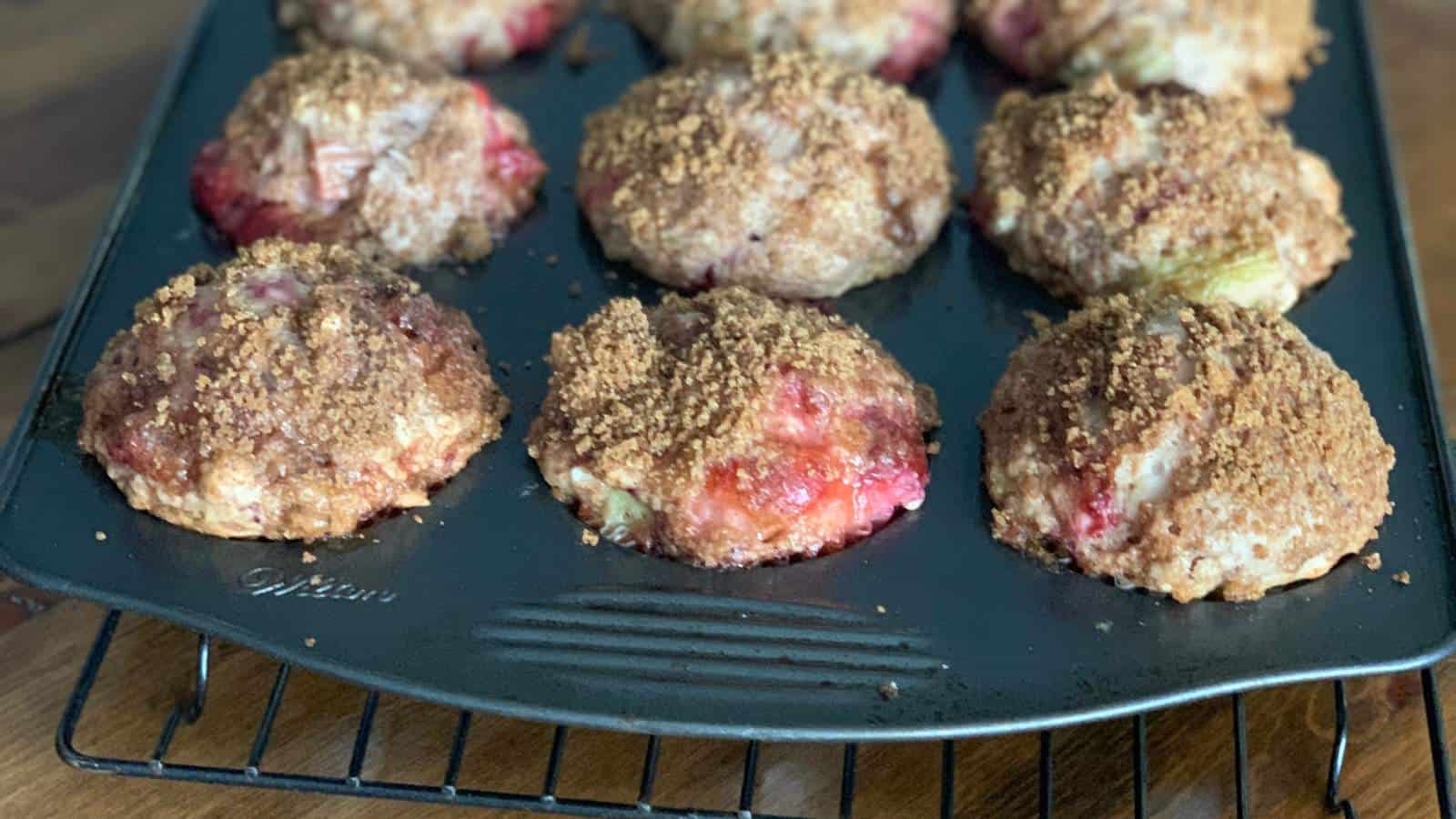 Muffin Pan of Strawberry Rhubarb Muffins.