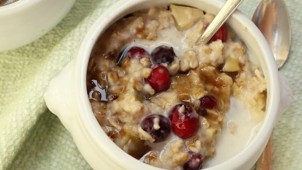 A white bowl filled with oatmeal and cranberries.