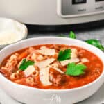 Pasta e Fagioli Soup in a white bowl.