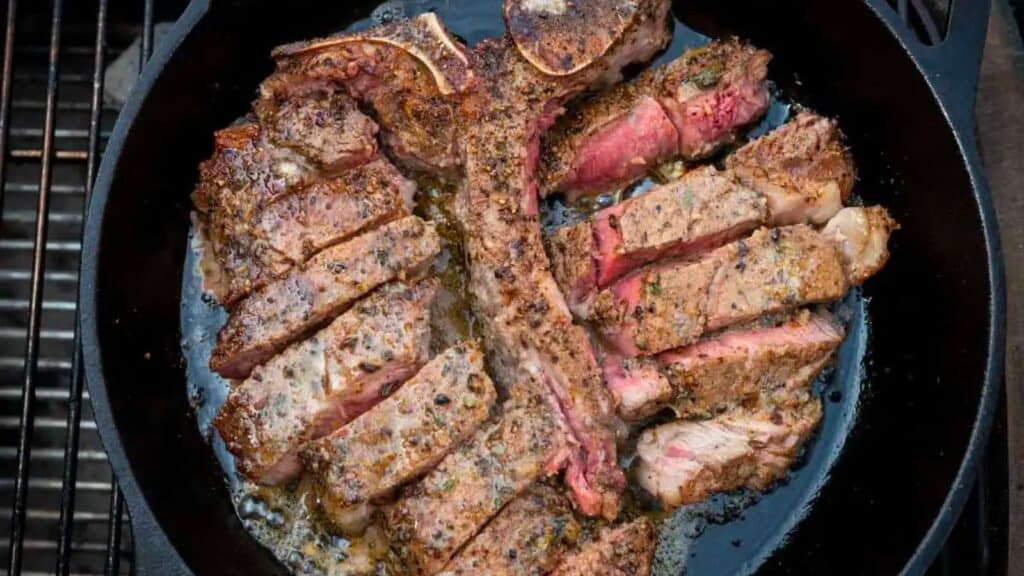 Sliced porterhouse steak.