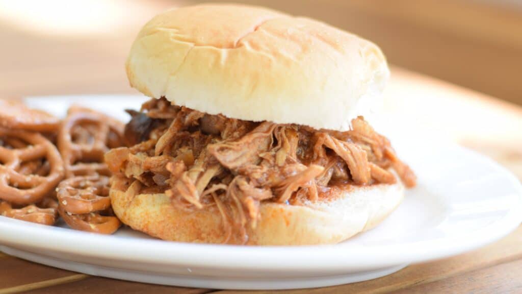 Image shows a Pulled pork sandwich on white plate with pretzels on the side.
