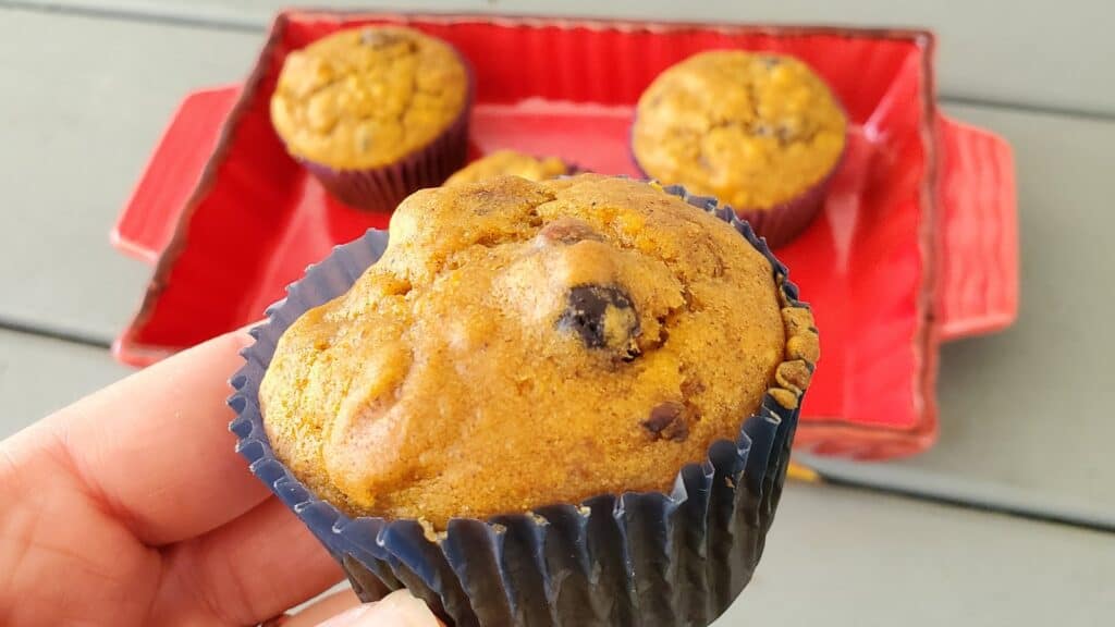Pumpkin cranberry muffin held in front of more muffins.