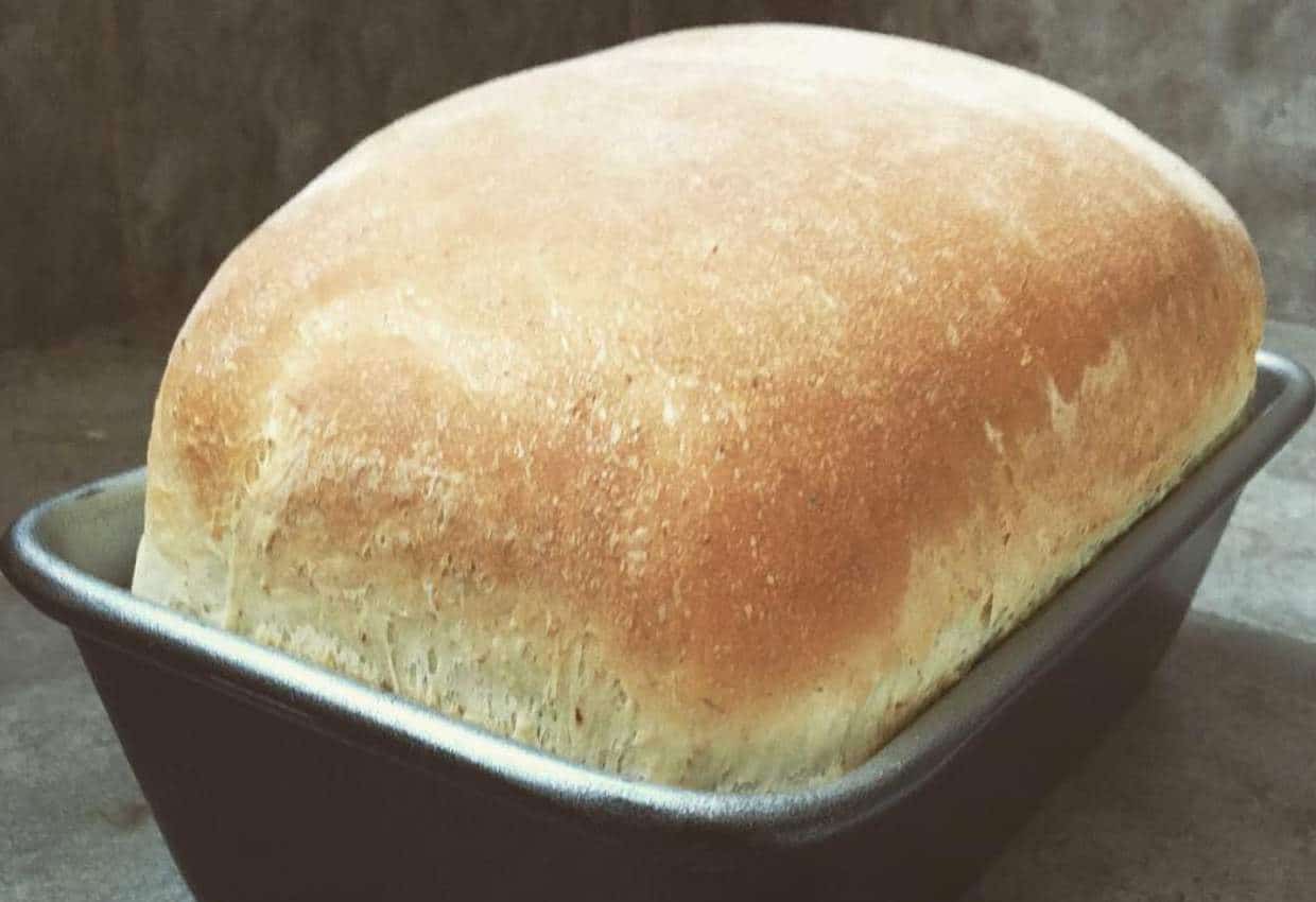 Homemade sandwich bread cooling in a loaf pan.