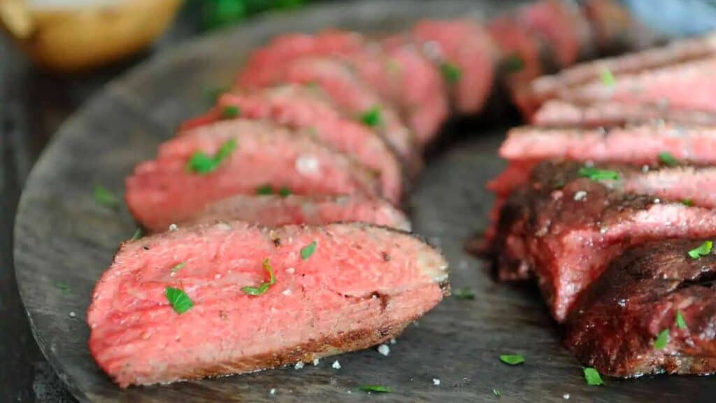 Sliced tri tip steak.