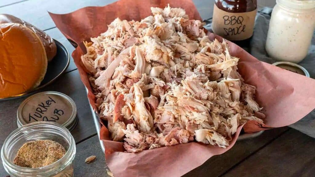 Platter of smoked pulled turkey.