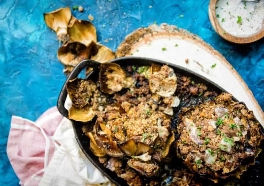 Smoked artichokes on platter. 