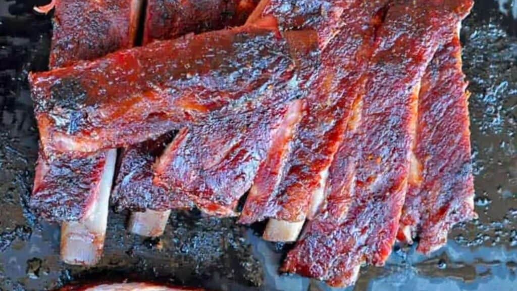 Rack of sliced St. Louis style ribs. 