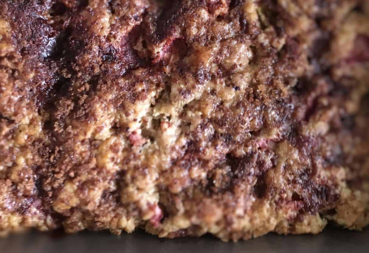 Strawberry rhubarb coffee cake closeup.