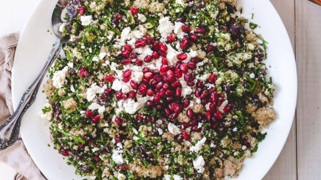 close up overhead of tabbouleh salad with feta.