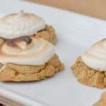 Image shows Toasted smores cookies on a white tray.