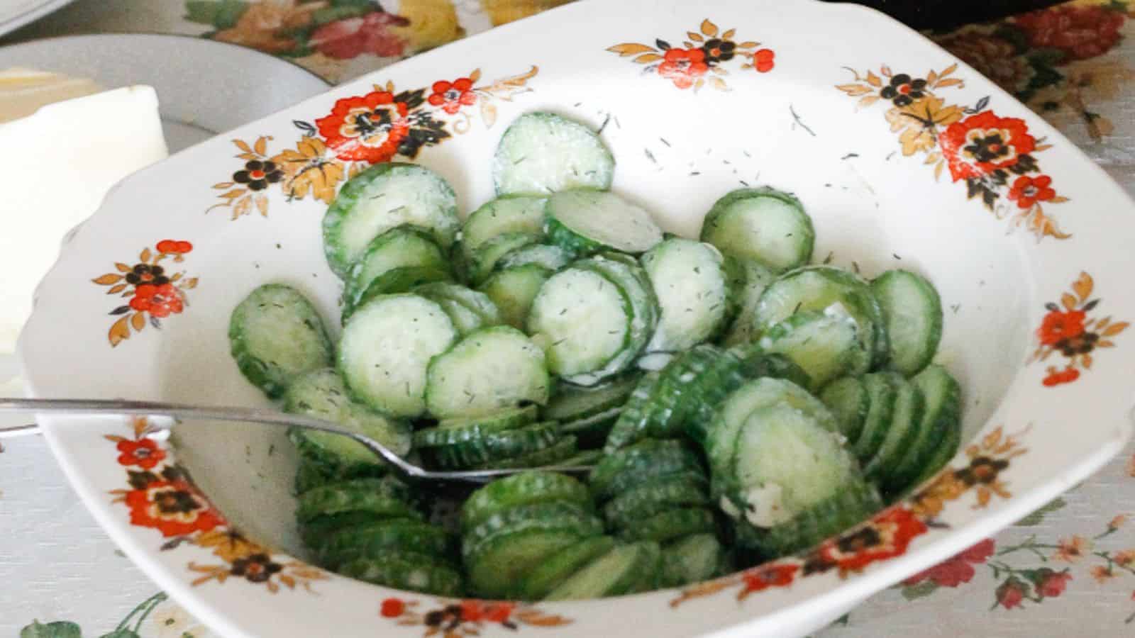 side view of cucumber salad.