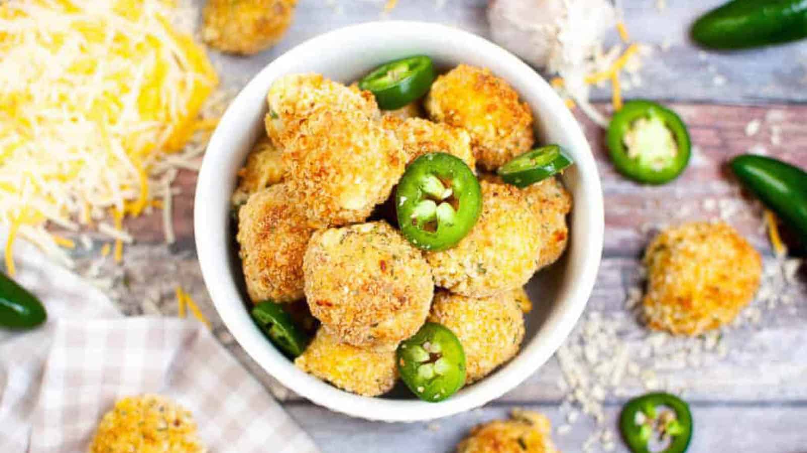 overhead shot of Air Fryer Jalapeno Popper Bites in a white bowl.