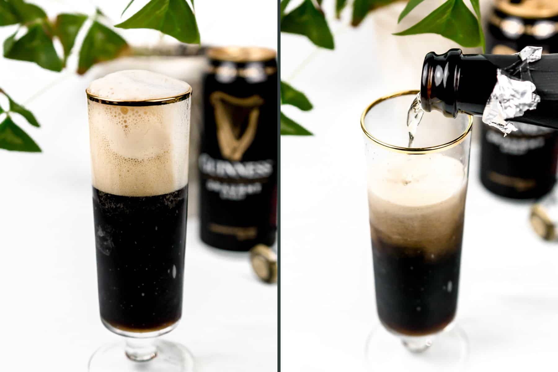 a bottle of champagne pouring into a champagne flute filled with guinness.