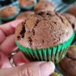 A hand holds a double chocolate zucchini muffin with more muffins in the muffin tins in the background.