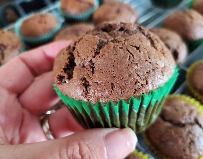 A hand holds a double chocolate zucchini muffin with more muffins in the muffin tins in the background.