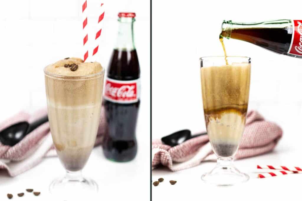 A glass bottle of coke is poured into a sundae glass with white and red striped straws, coffee beans and an ice cream scoop scattered round the glass.