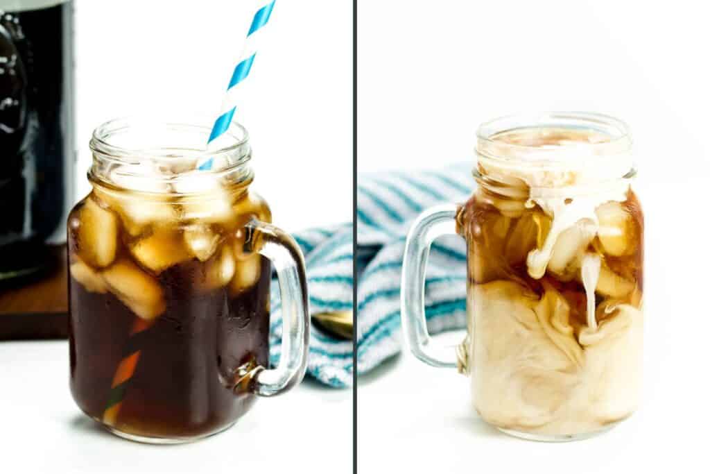 Two cups of cold brew coffee in mason jars with handles. One has milk and one does not.