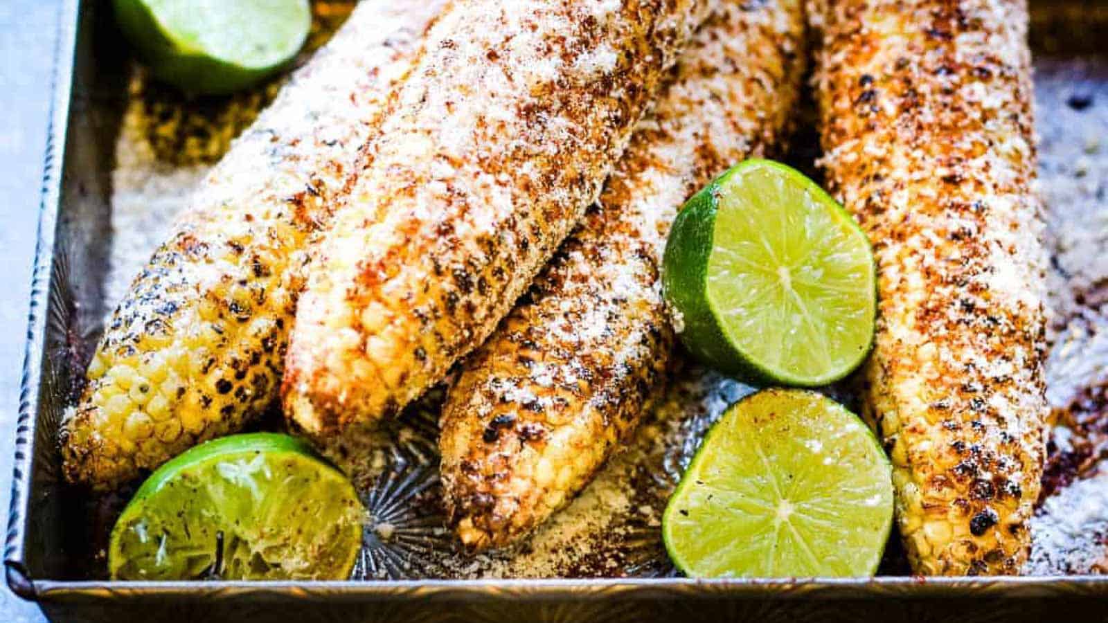 metal baking pan with elote, Mexican grilled corn cobs with mayonn.
