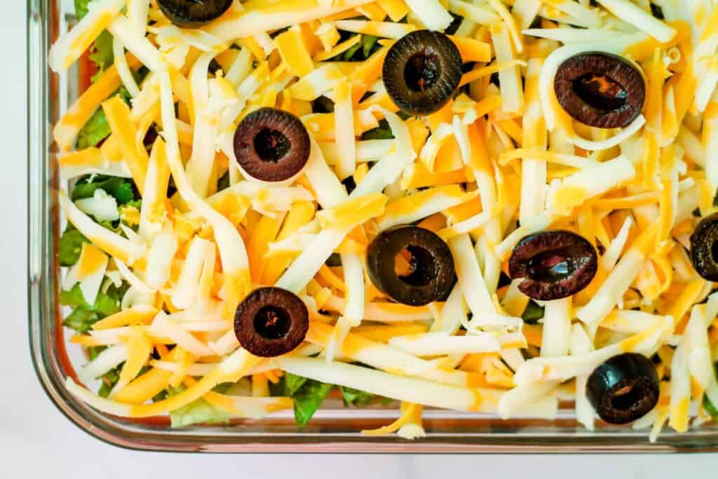 Overhead image of a dish of 7 layer dip.