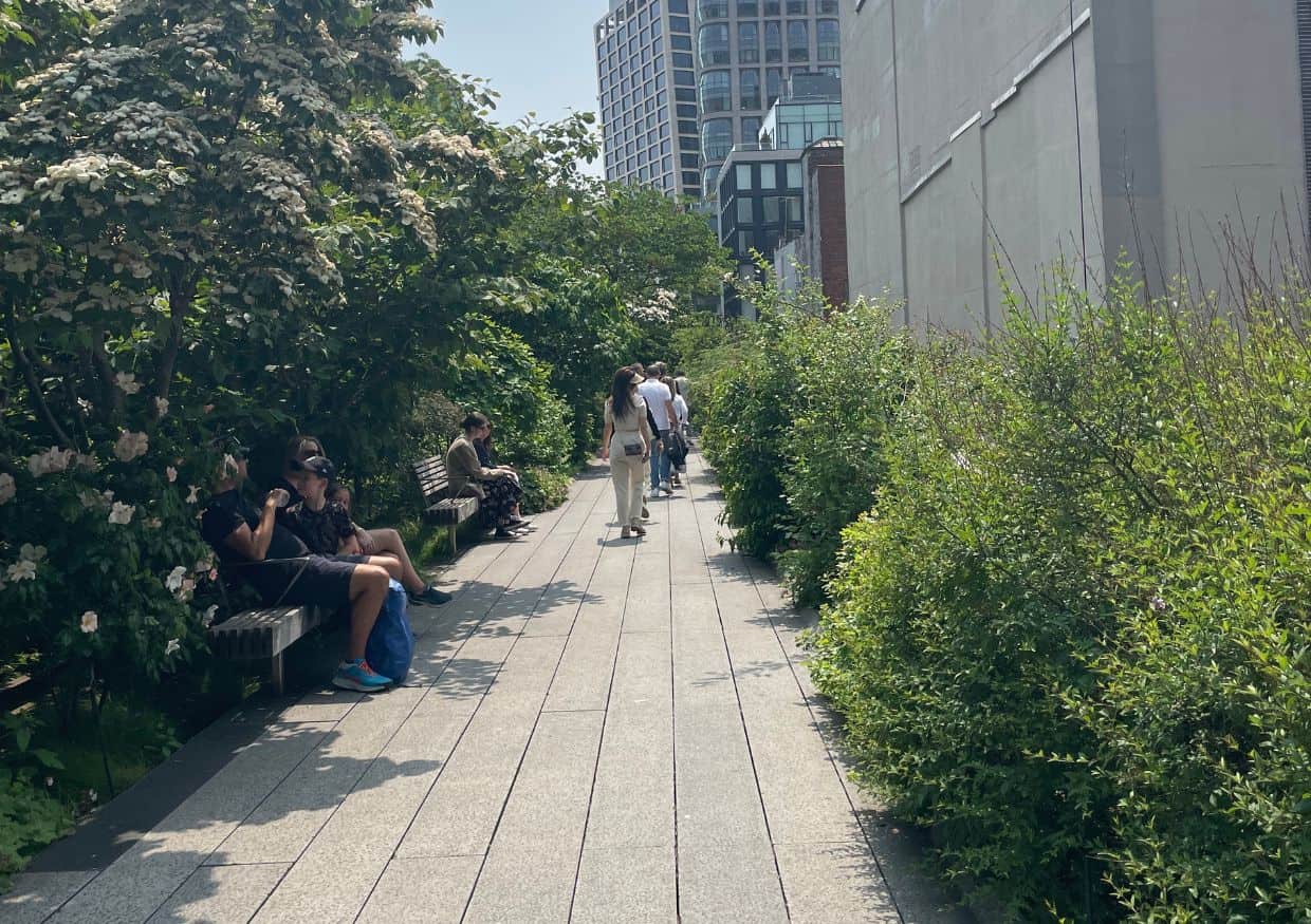 Stroll through the elevated green park.
