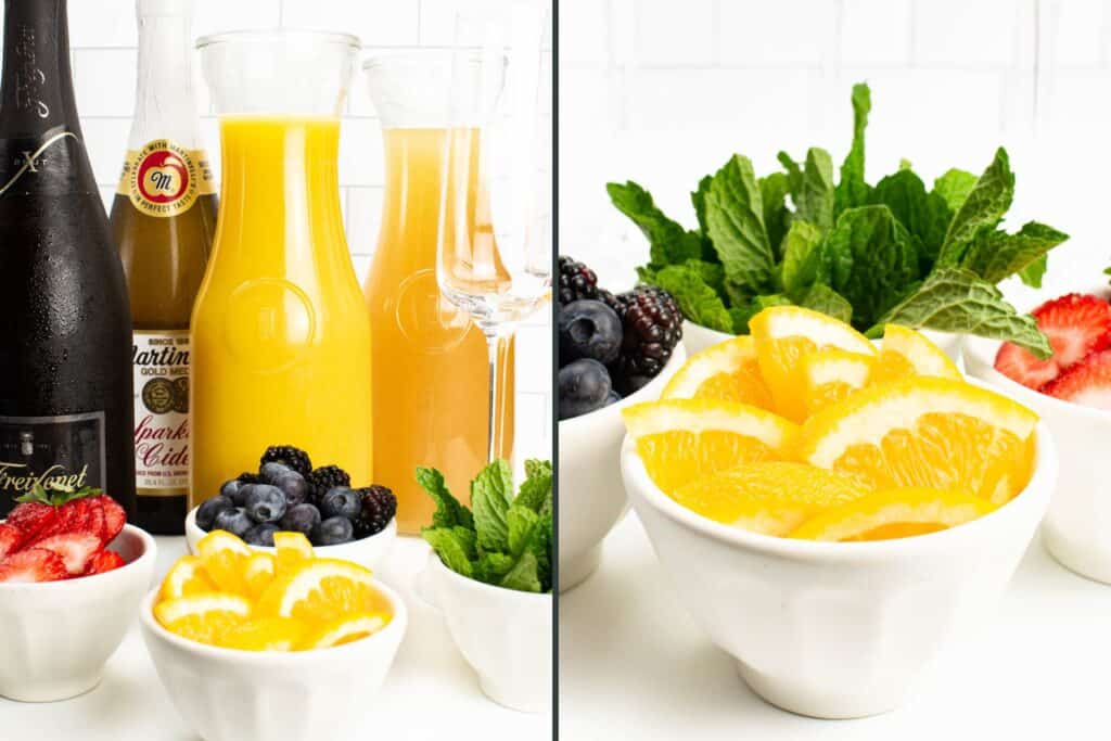 A mimosa bar set up with champagne flutes, garnishes, pitchers of orange juice and peach purée, a bottle of champagne and a bottle of sparkling cider.