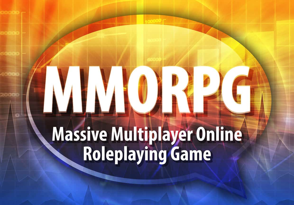 Graphic with the words MMORPG massive multiplayer online roleplaying game.