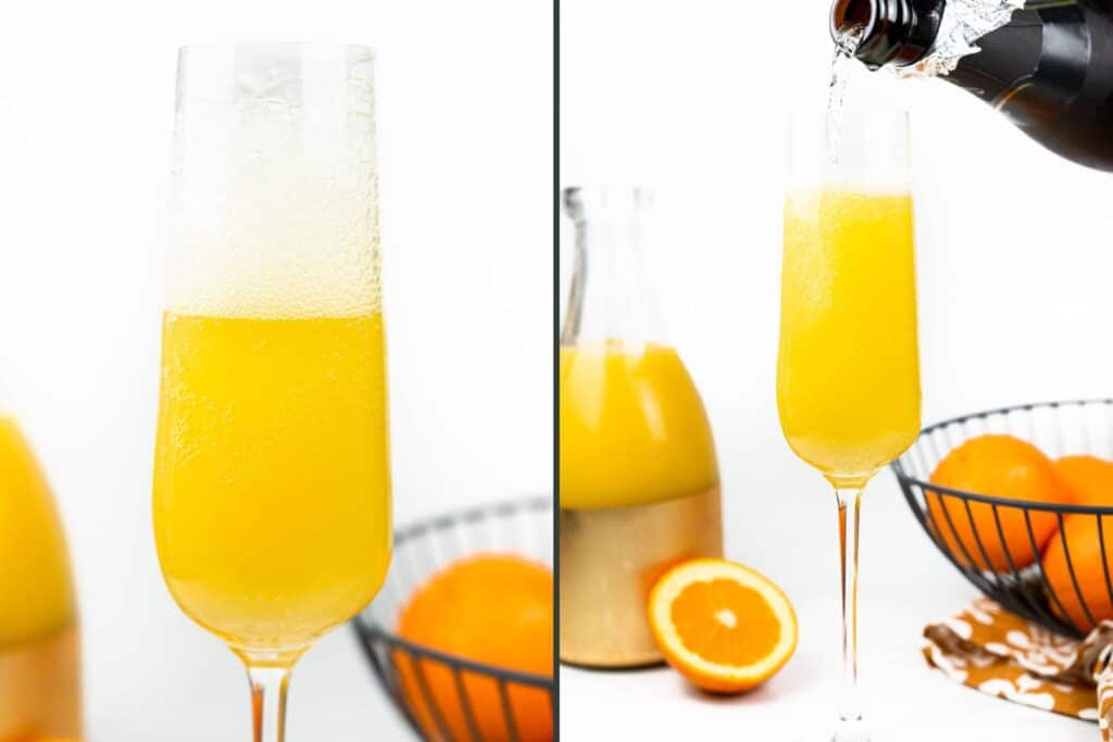 Orange juice mimosas garnished with mint sprigs, next to a citrus juicer.