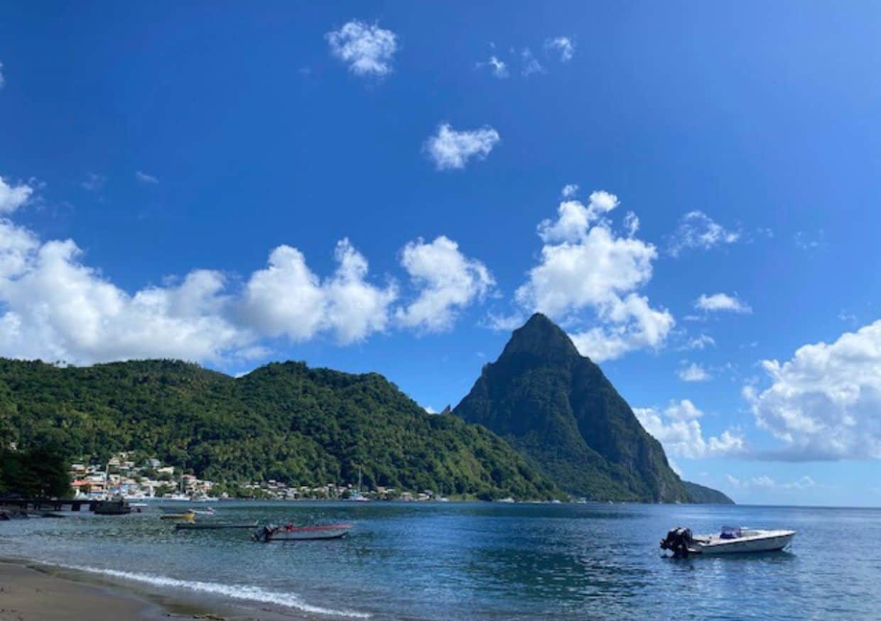 St Lucia Pitons from Soufriere.
