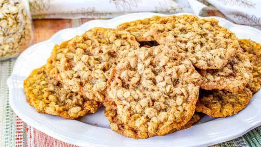 Quaker oatmeal cookies on a white platter.