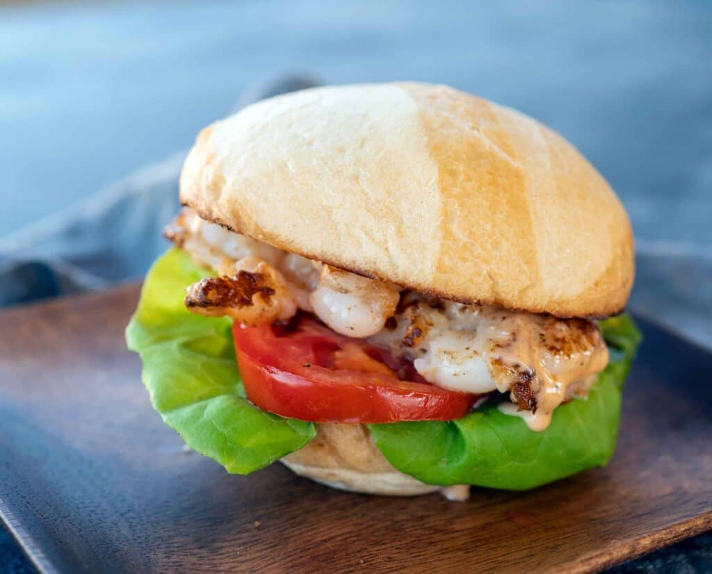 Close up of smashed shrimp burger.