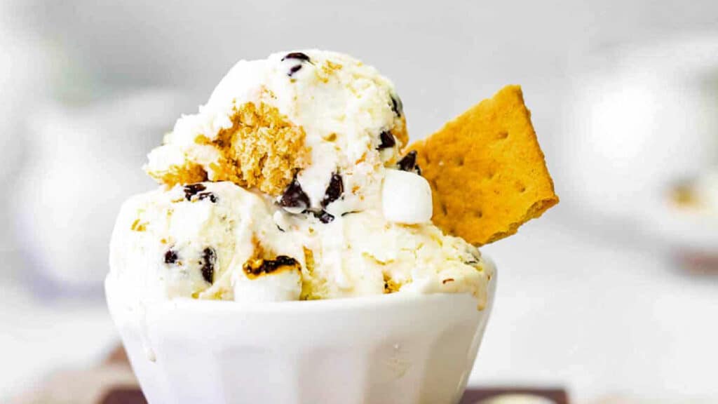 s'mores ice cream in a white bowl with graham crackers.