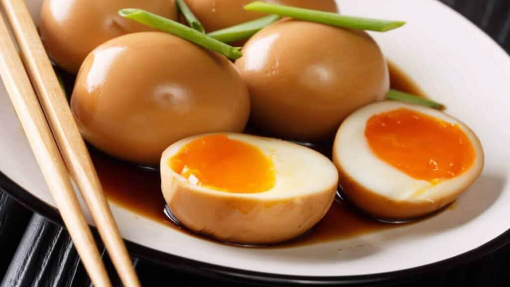 Soy sauce eggs on a white plate with chopsticks.