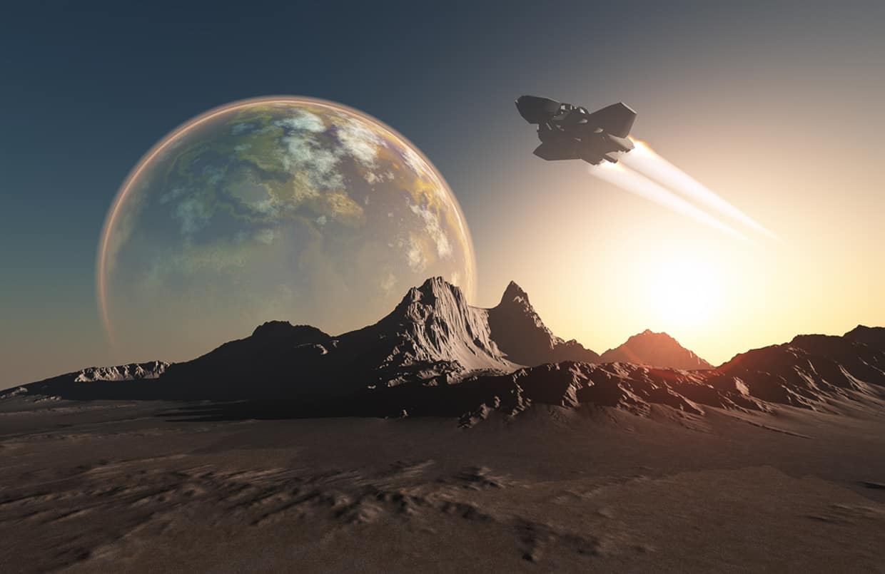 An image of a spaceship taking off over the horizon with a planet in the background.