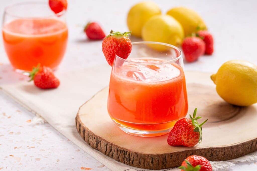 Glasses of strawberry lemonade with strawberries and lemons.