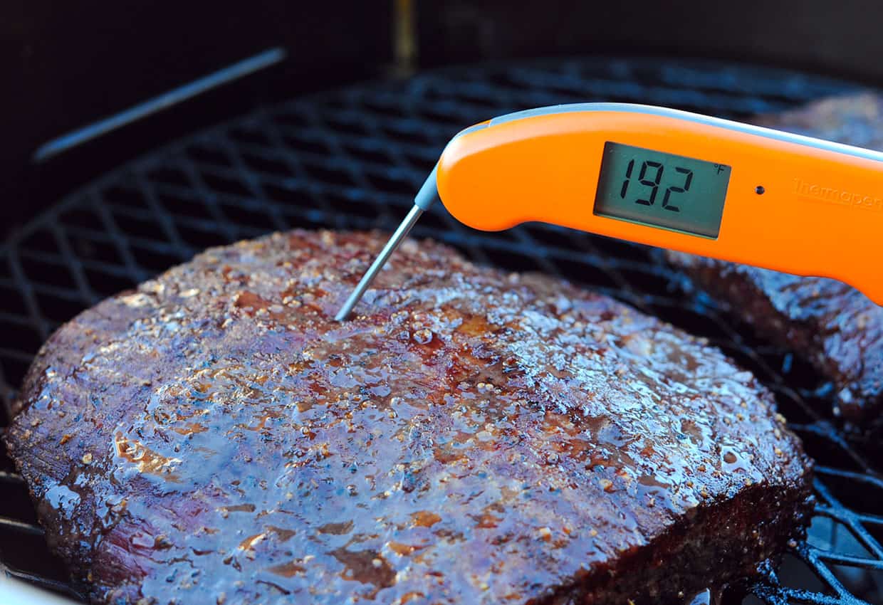 meat thermometer measuring brisket temp.