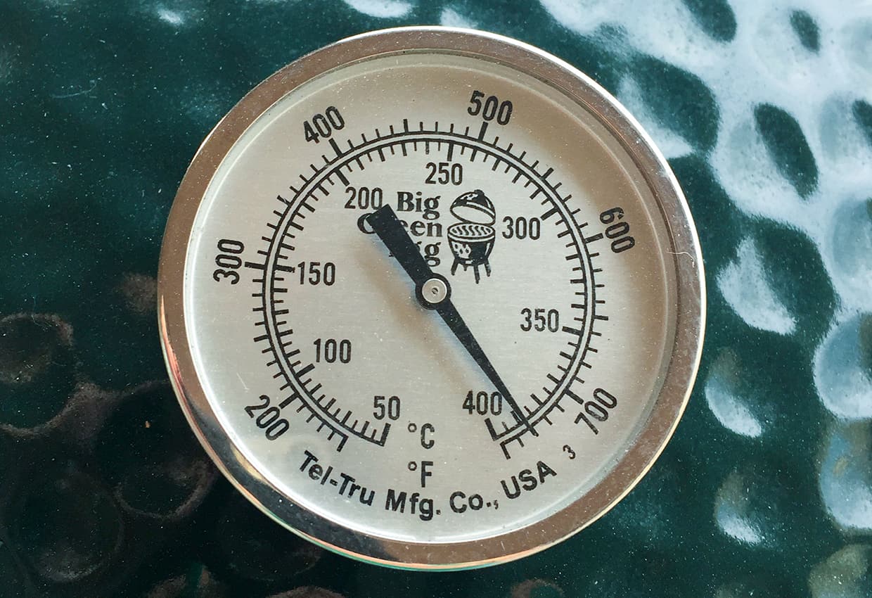 Thermometer on Big Green Egg lid.