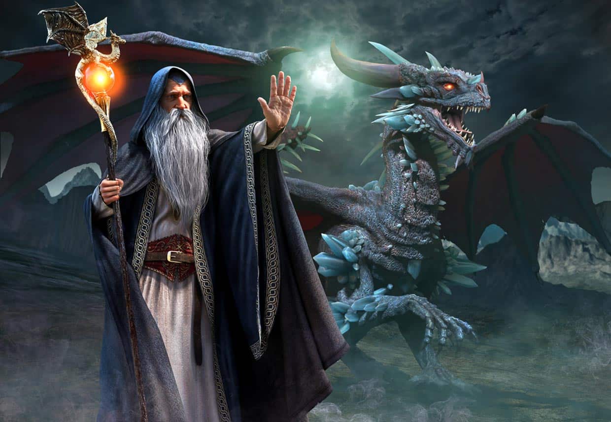 A graphic of a wizard next to a dragon.
