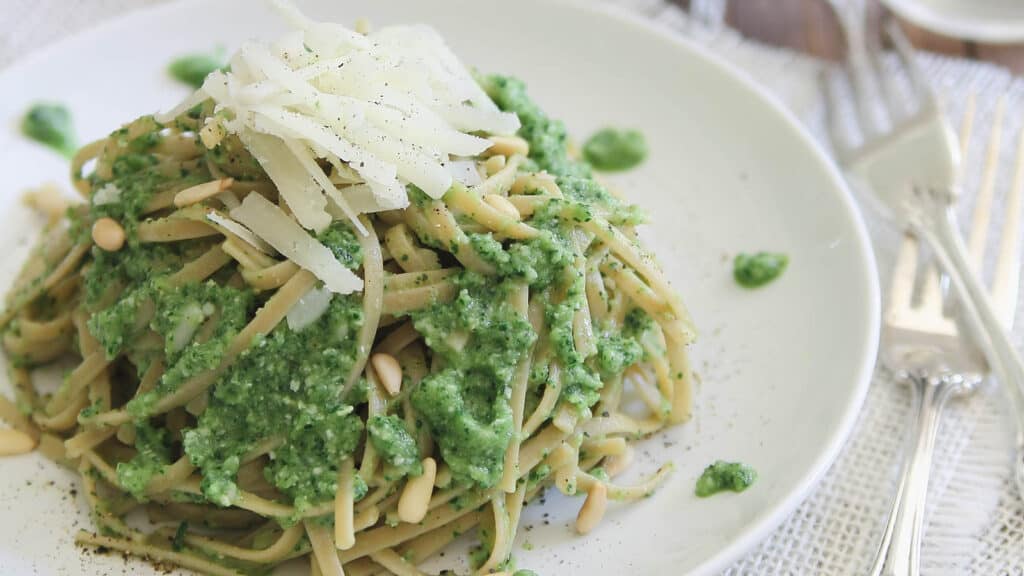 Zucchini pesto on linguine with shaved parmesan.