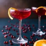 Two champagne pomegranate cocktails in coupe glasses on a dark blue background scattered with pomegranate seeds.