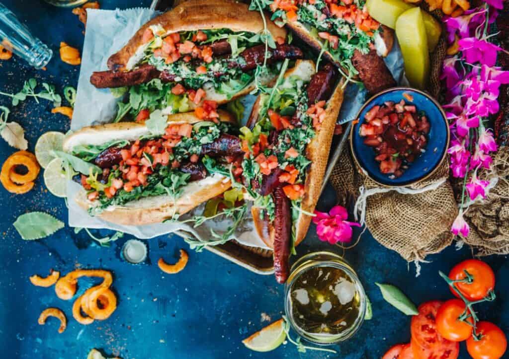 Overhead colorful shot of choripan.